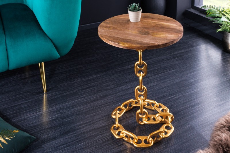 Estila Designový kulatý příruční stolek Belime Gold s ozdobnou zlatou konstrukcí z kovu a mangovou vrchní deskou 54cm