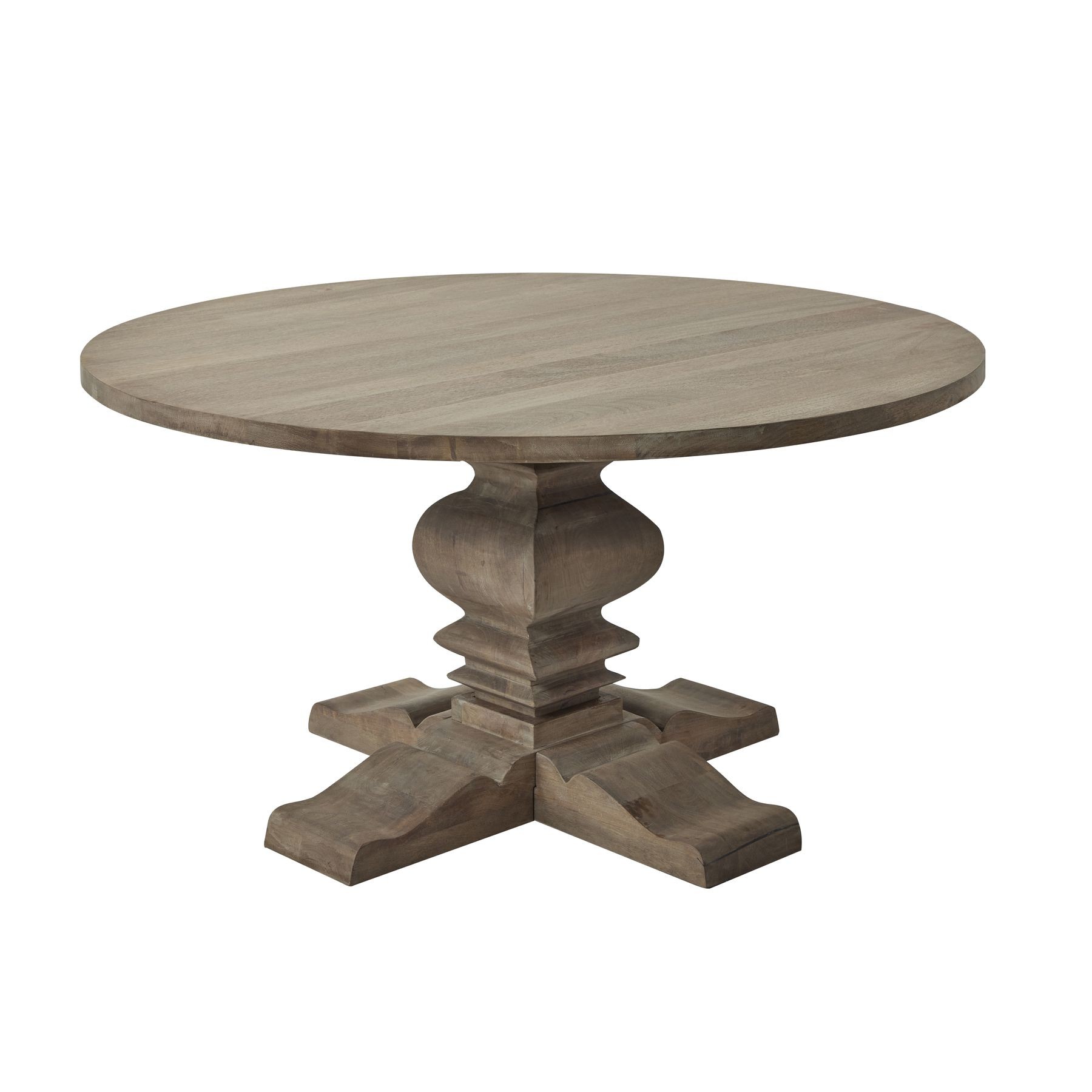 Estila Venkovský kulatý jídelní stůl Fratemporain z masivního dřeva s hnědošedou matnou povrchovou úpravou 150cm