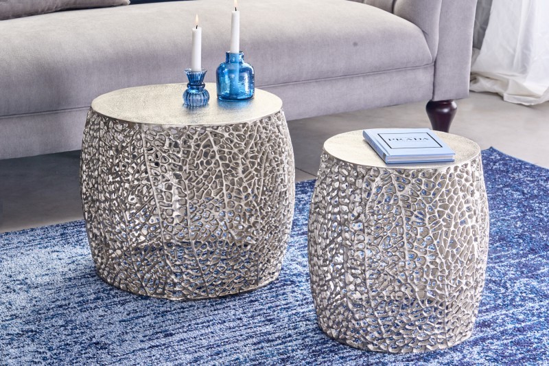 Estila Designový set dvou kulatých konferenčních stolků Hoja ve stříbrné barvě z kovu 40cm
