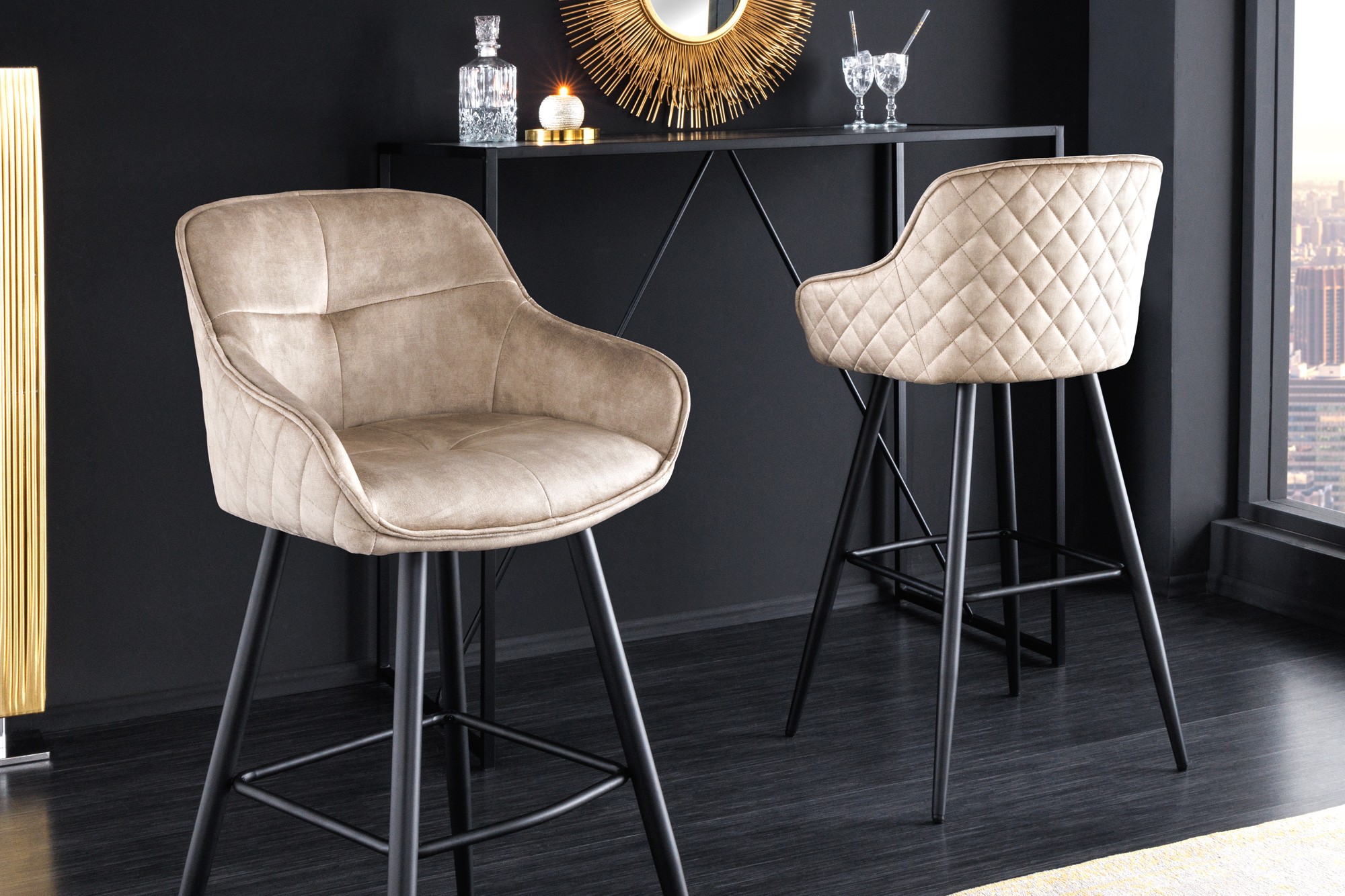 Estila Glamour designová barová židle Rufus s béžovým champagne potahem a černou konstrukcí z kovu 100cm
