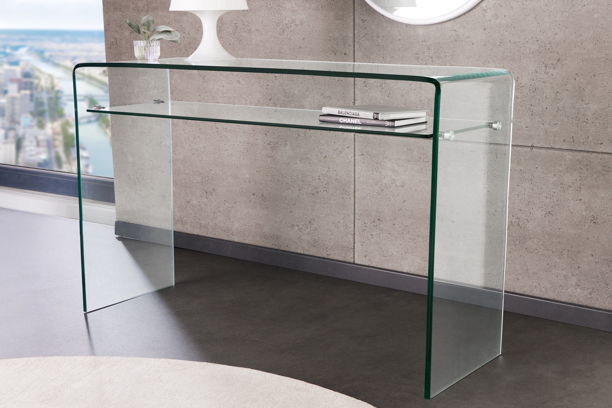 Estila Moderní skleněný konzolový stolek Ghost se zaoblenými hranami a spodní policí, transparentní 100 cm