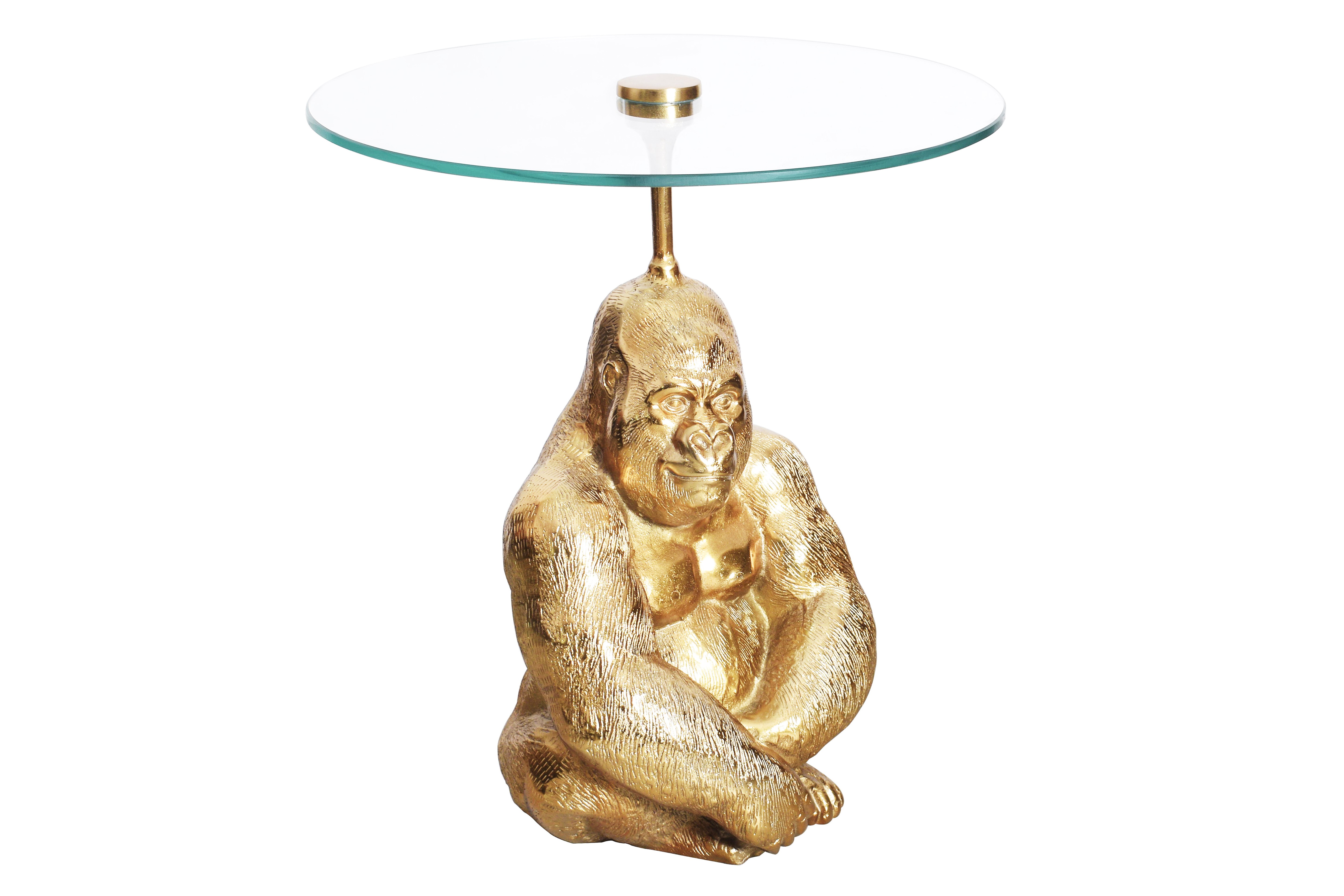 Estila Luxusní kulatý příruční stolek Wilde v art-deco stylu s podstavou s figurou gorily ve zlaté barvě a skleněnou deskou 51 cm