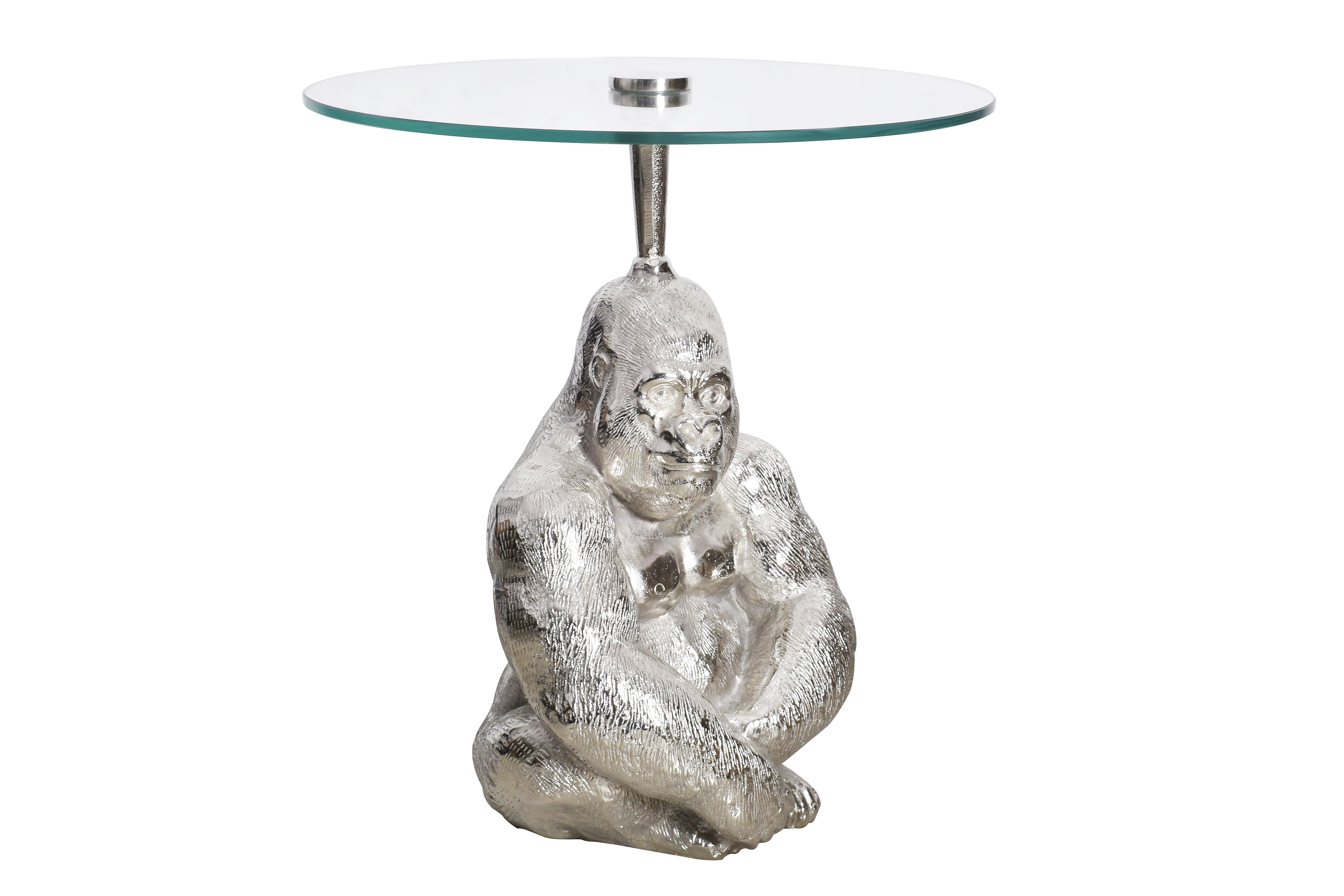 Estila Luxusní glamour kulatý příruční stolek Wilde s podstavou ve tvaru gorily a se skleněnou vrchní deskou stříbrná 51 cm