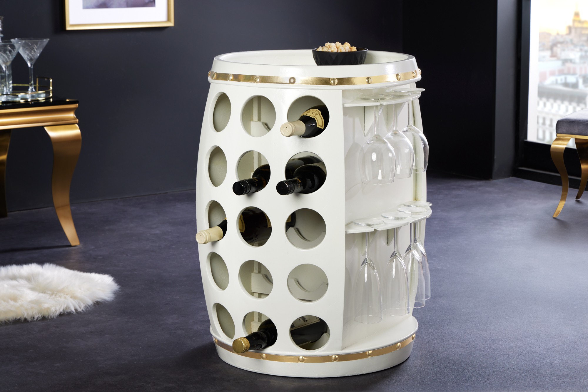 Estila Luxusní designová vinotéka Crawley v art deco stylu ve tvaru sudu bílá se zlatými detaily 66 cm