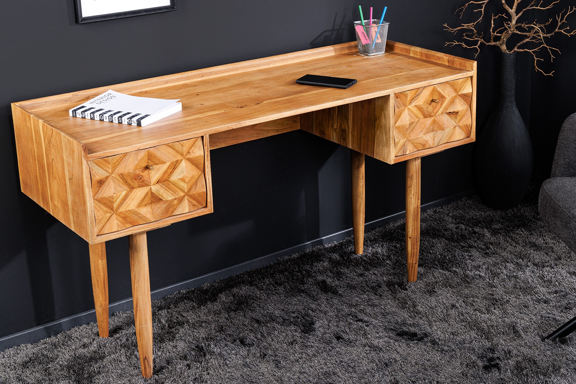 Estila Masivní retro psací stůl Camille se dvěma šuplíky s ozdobnou intarzií z akáciového dřeva medová hnědá 132 cm