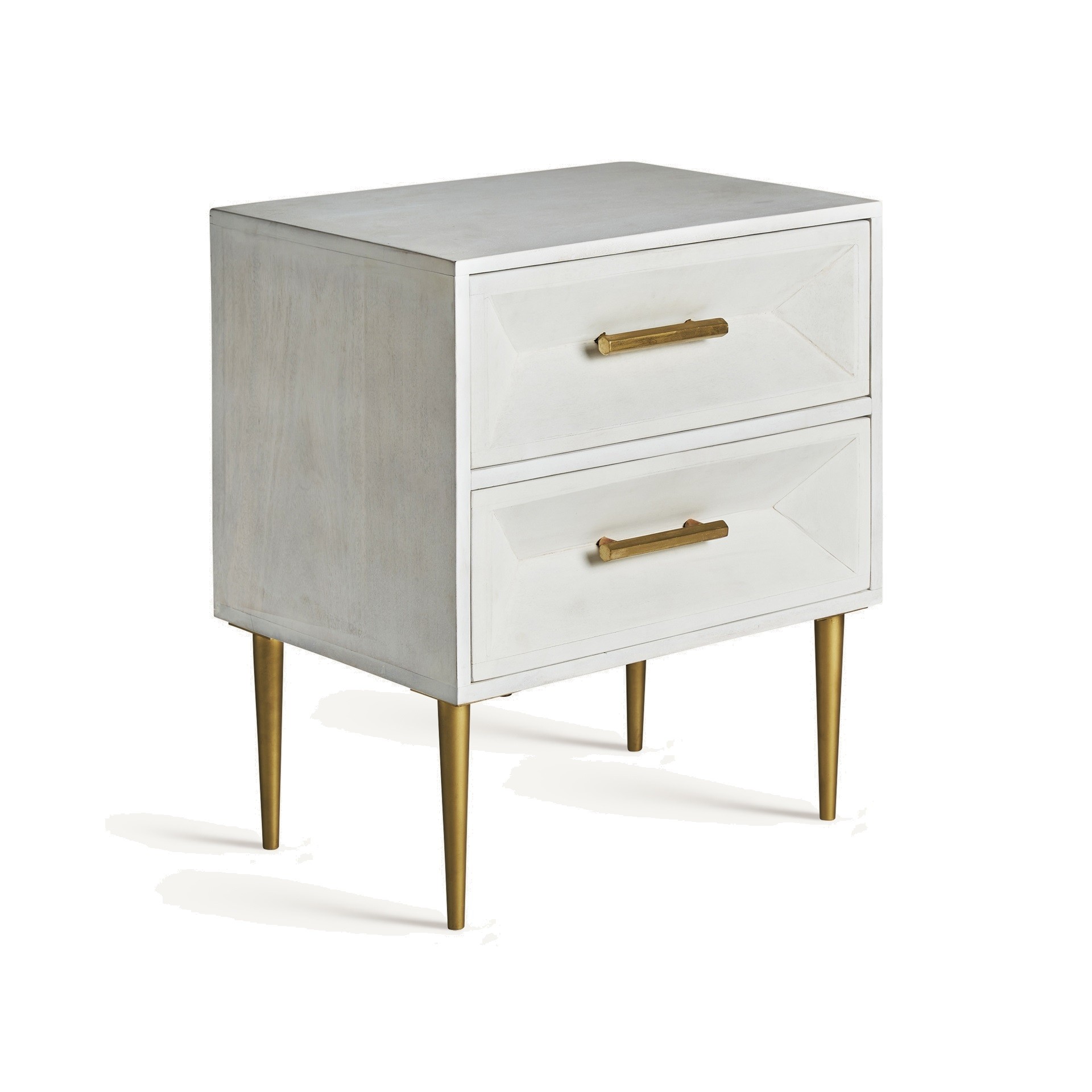 Estila Luxusní noční stolek Encantada s geometricky vyřezávanými šuplíky s bílým vintage nátěrem a zlatými detaily 55 cm