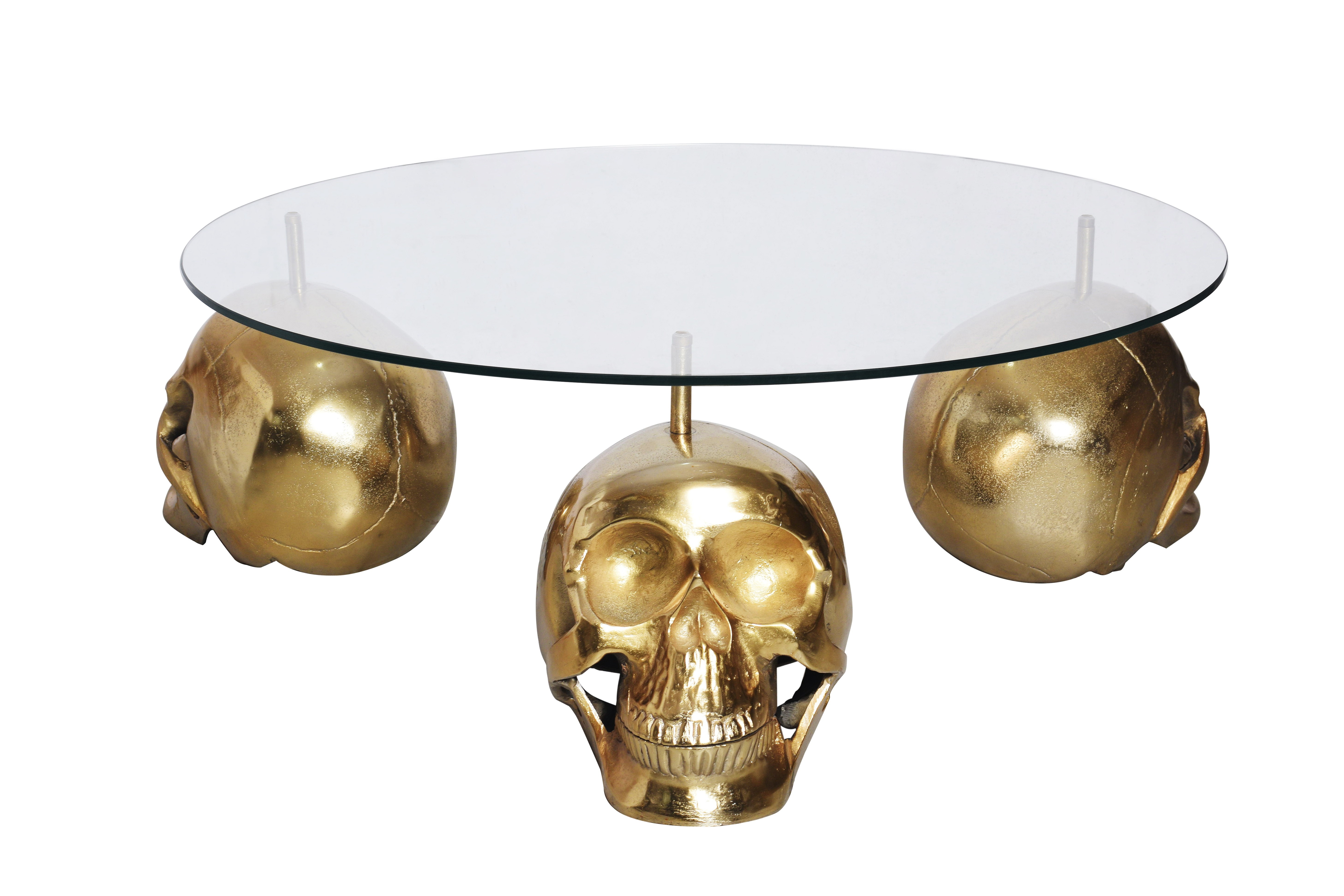 Estila Designový kulatý konferenční stolek Hamlet se třemi nožičkami ve tvaru lebek ve zlaté barvě a skleněnou vrchní deskou 90 cm