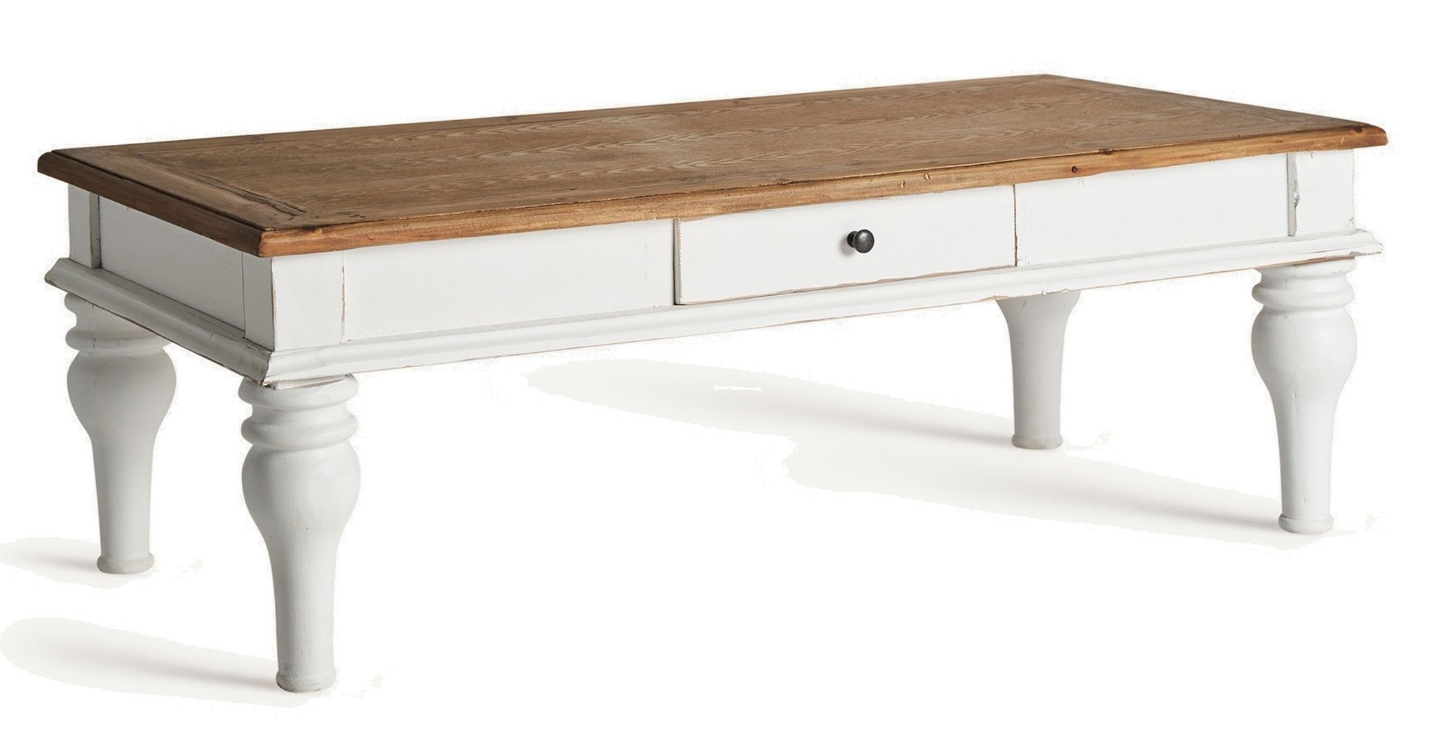 Estila Luxusní bílý obdélníkový konferenční stolek Isla v provensálském stylu s hnědou vrchní deskou 130 cm