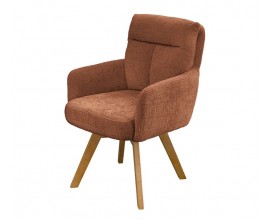 Designov&eacute; skandin&aacute;vsk&eacute; hněd&eacute; j&iacute;deln&iacute; křeslo Dover s opěrkami na ruce a čalouněn&iacute;m s potahem z žinylkov&eacute; textilie s masivn&iacute;mi nožičkami z bukov&eacute;ho dřeva s otočn&yacute;m mechanismem sed&aacute;ku