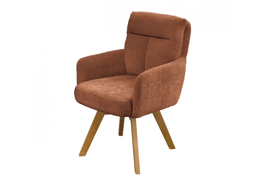 Designové skandinávské hnědé jídelní křeslo Dover s opěrkami na ruce a čalouněním s potahem z žinylkové textilie s masivními nožičkami z bukového dřeva s otočným mechanismem sedáku