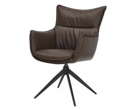 Moderní industriální jídelní židle Krespa s otočným sedadlem a hnědým potahem z ekokůže s černou kovovou nohou 60 cm