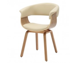 Modern&iacute; masivn&iacute; kožen&aacute; j&iacute;deln&iacute; židle Ecco s čalouněn&yacute;m sedadlem a opěrkou s potahem z ekokůže v kr&eacute;mov&eacute; b&eacute;žov&eacute; barvě s konstrukc&iacute; z dubov&eacute; d&yacute;hy ve světle hněd&eacute; barvě s kresbou letokruhů se zaoblen&yacute;m sedadlem a čtyřmi nohama