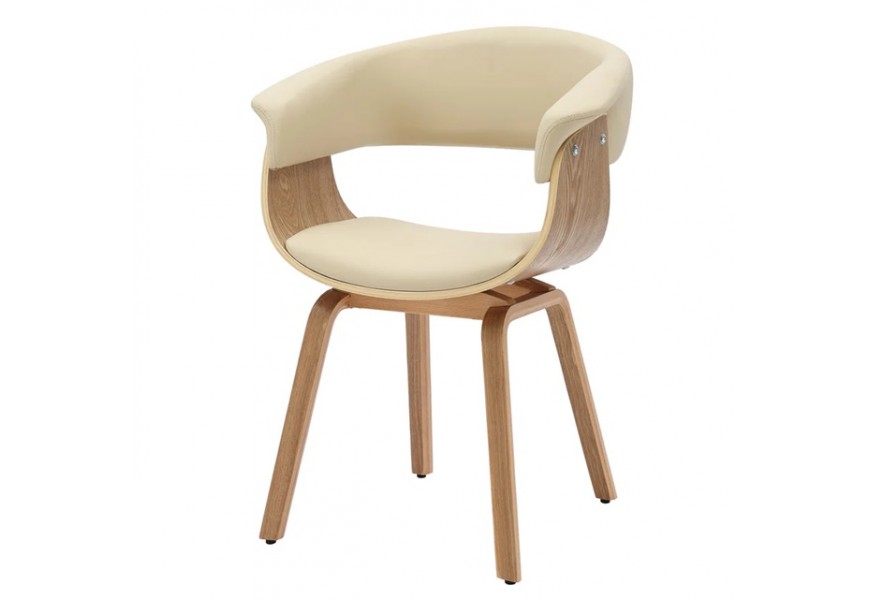 Moderní masivní kožená jídelní židle Ecco s čalouněným sedadlem a opěrkou s potahem z ekokůže v krémové béžové barvě s konstrukcí z dubové dýhy ve světle hnědé barvě s kresbou letokruhů se zaobleným sedadlem a čtyřmi nohama