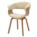 Moderní masivní kožená jídelní židle Ecco s čalouněným sedadlem a opěrkou s potahem z ekokůže v krémové béžové barvě s konstrukcí z dubové dýhy ve světle hnědé barvě s kresbou letokruhů se zaobleným sedadlem a čtyřmi nohama
