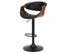 Modern&iacute; designov&aacute; otočn&aacute; v&yacute;&scaron;kově nastaviteln&aacute; barov&aacute; židle Norwich se sedadlem s r&aacute;mem z prav&eacute; ořechov&eacute; d&yacute;hy v hněd&eacute; barvě s čalouněn&iacute;m s černou ekokůž&iacute; s v&aacute;lcovitou nohou s kulatou podstavou z kovu v čern&eacute; barvě
