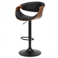 Moderní designová otočná výškově nastavitelná barová židle Norwich se sedadlem s rámem z pravé ořechové dýhy v hnědé barvě s čalouněním s černou ekokůží s válcovitou nohou s kulatou podstavou z kovu v černé barvě