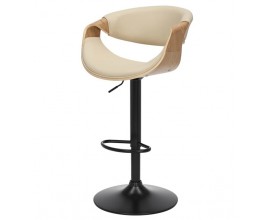 Moderní skandinávská barová židle Norwich s dřevěným rámem z dubové dýhy ve světle hnědé barvě s potahem z ekokůže v béžové barvě s výškově nastavitelnou otočnou nohou z kovu v černé barvě
