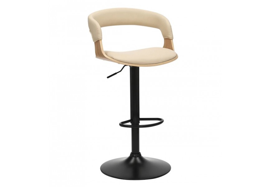 Moderní kožená barová židle Norwich s černou nohou z kovu s možností nastavení výšky s otočným sedadlem s rámem z dubové dýhy v naturální světle hnědé barvě s potahem z ekokůže v krémové barvě