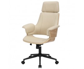 Designové kožené čalouněné kancelářské křeslo Madison s otočnou a výškově nastavitelnou nohou na kolečkách z kovu v černé barvě s potahem z ekokůže v krémové barvě s bočními opěrkami a dřevěným dubovým rámem na zadní straně v naturální světle hnědé barvě