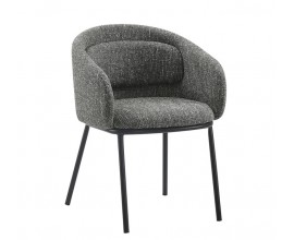 Moderní skandinávská čalouněná jídelní židle Tromso s šedým melírovaným textilním potahem se zaoblenou opěrkou s integrovaným polštářem s tenkými kovovými nohami v černé barvě
