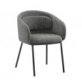 Moderní skandinávská čalouněná jídelní židle Tromso s šedým melírovaným textilním potahem se zaoblenou opěrkou s integrovaným polštářem s tenkými kovovými nohami v černé barvě