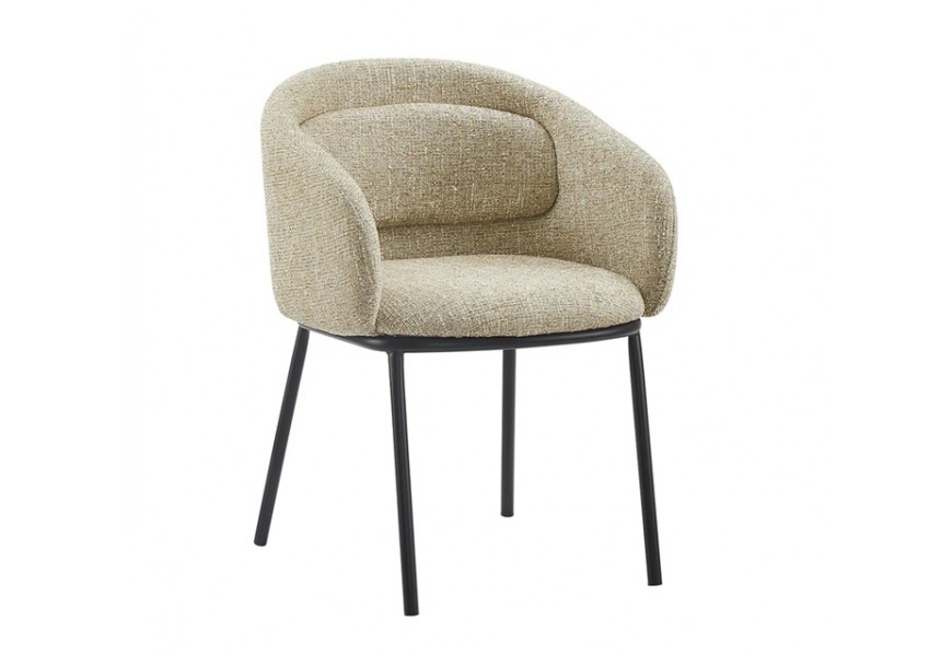 Moderní industriální jídelní židle Tromso s čalouněním a textilním potahem v béžové melírované barvě s plnou zádovou a bočními opěrkami s polštářem se čtyřmi štíhlými kovovými nožičkami v matné černé barvě