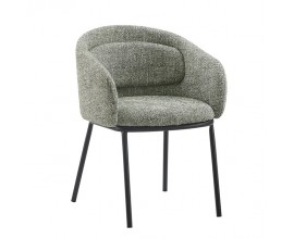 Moderní industriální jídelní křeslo Tromso s černou kovovou podstavou a čalouněným sedadlem se zádovou a bočními opěrkami s polštářem s textilním potahem v tmavě zelené barvě s bílým melírováním