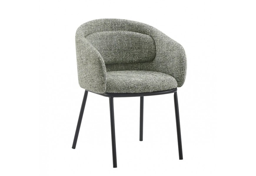 Moderní industriální jídelní křeslo Tromso s černou kovovou podstavou a čalouněným sedadlem se zádovou a bočními opěrkami s polštářem s textilním potahem v tmavě zelené barvě s bílým melírováním