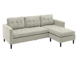 Designová skandinávská rohová třímístná sedačka Sallen s textilním kordovým potahem s lineární strukturou a hlubokým bodovým prošíváním v šedé a béžové barvě s černýma nohama