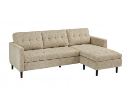 Designová třímístná čalouněná rohová sedačka Sallen s textilním potahem v béžové barvě s tmavším melírováním s hlubokým bodovým prošíváním s černými nožičkami do pravého nebo levého rohu