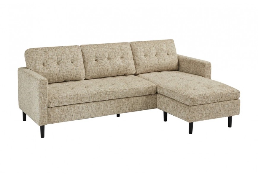 Designová třímístná čalouněná rohová sedačka Sallen s textilním potahem v béžové barvě s tmavším melírováním s hlubokým bodovým prošíváním s černými nožičkami do pravého nebo levého rohu