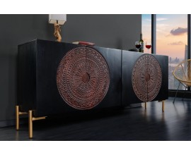 Orientální masivní příborník Mandala z mangového dřeva s ornamentálním vyřezáváním a zlatými nožičkami