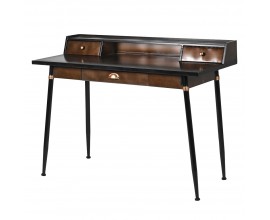 Designový vintage psací stůl Bloomington z kovu v černé barvě se třemi hnědými šuplíky a nástavbou s policí s detaily v lesklé zlaté barvě