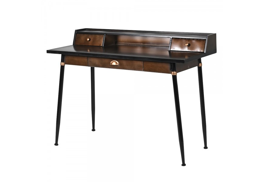 Designový vintage psací stůl Bloomington z kovu v černé barvě se třemi hnědými šuplíky a nástavbou s policí s detaily v lesklé zlaté barvě