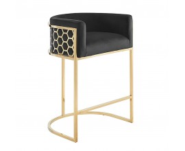 Art deco barová židle Aurelia Gold se sametovým černým potahem a zlatou kovovou konstrukcí 88 cm