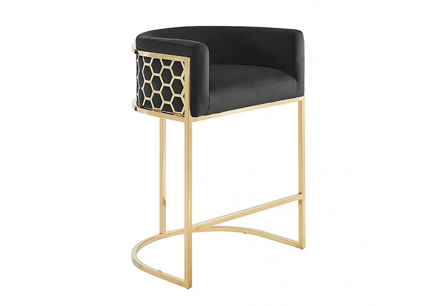 Art deco barová židle Aurelia Gold se sametovým černým potahem a zlatou kovovou konstrukcí 88 cm