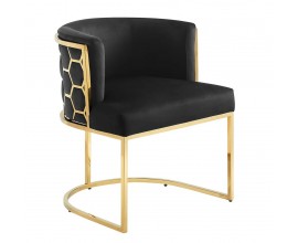 Art deco křeslo Leara se sametovým potahem v černé barvě s konstrukcí ve zlaté barvě s lesklým zlatým povrchem se vzorem medového plátu