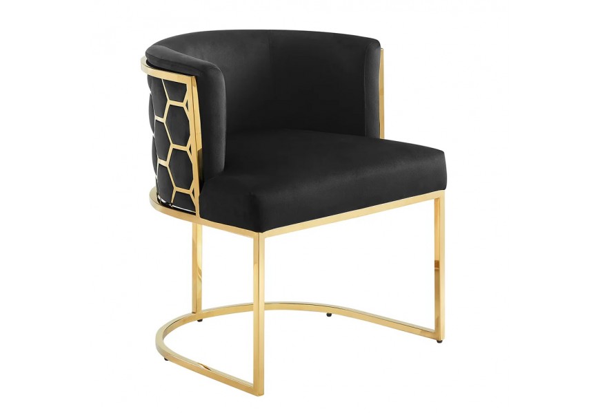 Art deco křeslo Leara se sametovým potahem v černé barvě s konstrukcí ve zlaté barvě s lesklým zlatým povrchem se vzorem medového plátu