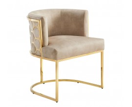 Art deco jídelní židle Leara s béžovým sametovým potahem a zlatou kovovou konstrukcí se vzorem medového plátu 75 cm