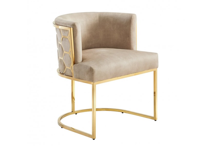 Art deco jídelní židle Leara s béžovým sametovým potahem a zlatou kovovou konstrukcí se vzorem medového plátu 75 cm