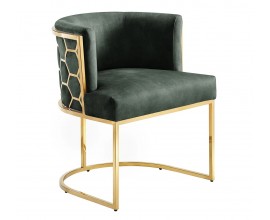 Designová glamour čalouněná jídelní židle Leara s potahem ze sametu v tmavě zelené barvě s konstrukcí z kovu v lesklé zlaté barvě se vzorem šestiúhelníků s opěrkou ve tvaru U