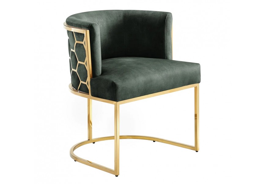 Designová glamour čalouněná jídelní židle Leara s potahem ze sametu v tmavě zelené barvě s konstrukcí z kovu v lesklé zlaté barvě se vzorem šestiúhelníků s opěrkou ve tvaru U