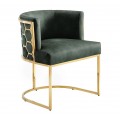 Designová glamour čalouněná jídelní židle Leara s potahem ze sametu v tmavě zelené barvě s konstrukcí z kovu v lesklé zlaté barvě se vzorem šestiúhelníků s opěrkou ve tvaru U