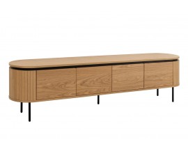 Designový art deco oválný televizní stolek Maderia se čtyřmi hladkými dvířky a drážkovaným reliéfem ze světlé hnědé dubové dýhy s černými kovovými nohami