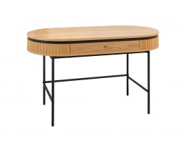 Moderní art deco psací stůl Maderia z dubové dýhy ve světle hnědé barvě s černými detaily s jednou zásuvkou s oválnou vrchní deskou a štíhlými nožičkami z kovu v matném černém provedení