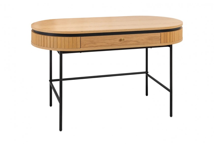 Moderní art deco psací stůl Maderia z dubové dýhy ve světle hnědé barvě s černými detaily s jednou zásuvkou s oválnou vrchní deskou a štíhlými nožičkami z kovu v matném černém provedení