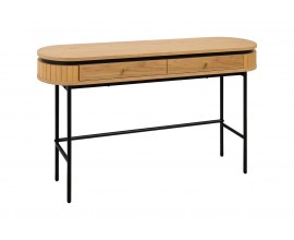 Moderní art deco oválný konzolový stolek Maderia se dvěma šuplíky z ořechové dýhy ve světle hnědé barvě se štíhlou podstavou z kovu v matné černé barvě