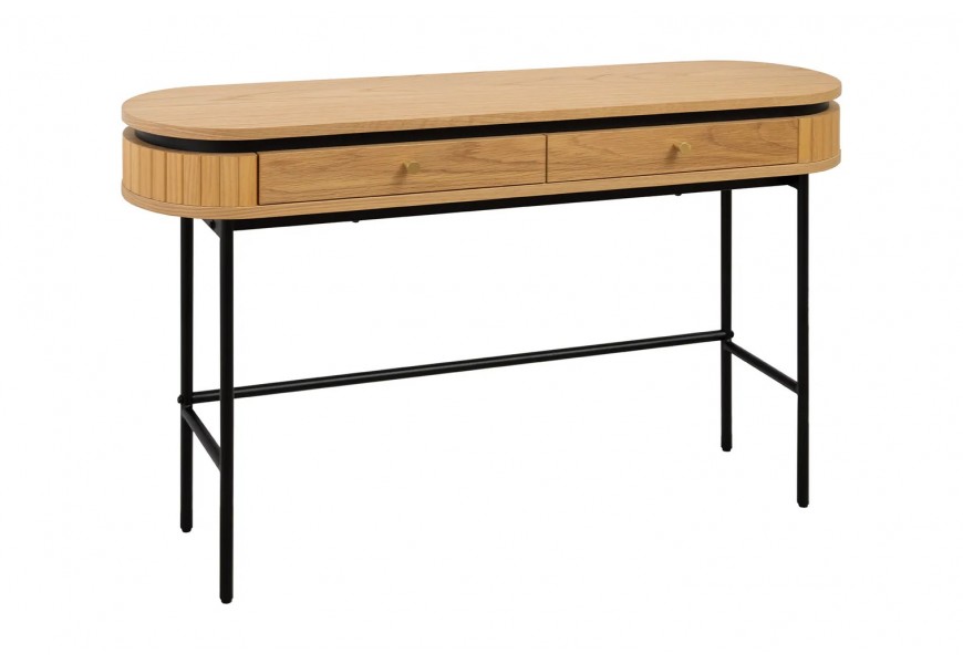 Moderní art deco oválný konzolový stolek Maderia se dvěma šuplíky z ořechové dýhy ve světle hnědé barvě se štíhlou podstavou z kovu v matné černé barvě