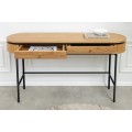 Designový industriální konzolový stolek Maderia s oválnou deskou a dvěma zásuvkami v dubové hnědé a černé barvě 120 cm