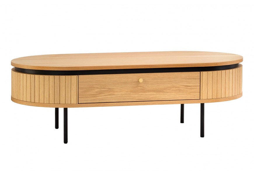 Designový moderní konferenční stolek Maderia s úložným prostorem ve dvou zásuvkách s oválnou vrchní deskou a ozdobným vertikálním drážkováním z dubové dýhy ve světle hnědé barvě s černými kovovými nohami